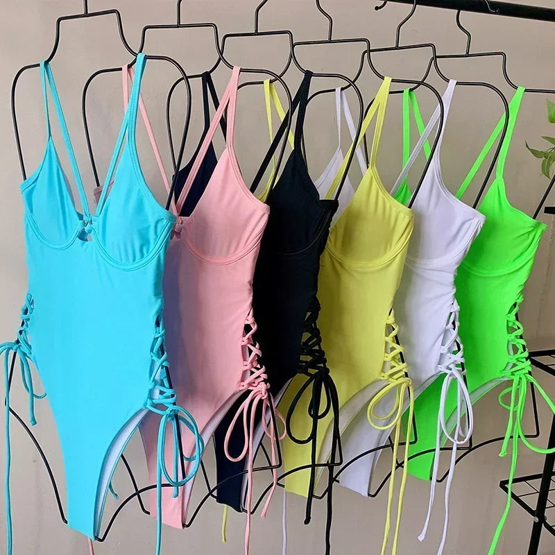 Splicing High Cut Out One Piece Swimsuit Women Tassel Swimwear Female Bathing Suit String Leopard Bikini Monokini Lady