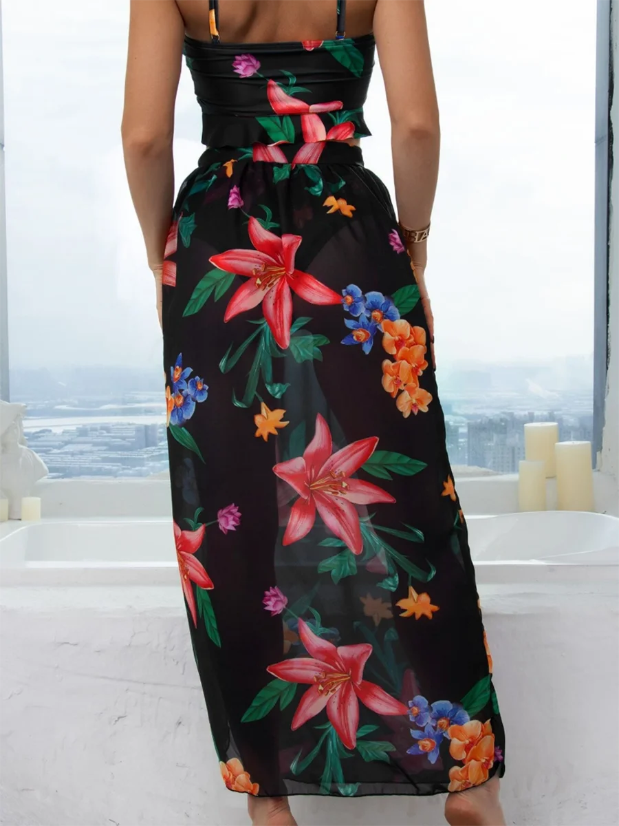 3 Pieces Floral Print Knot Front Bikinis Women Ruffle Swimwear Female High Waist Swimsuit With Beach Skirt Bathing Suit