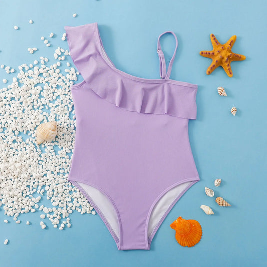 Purple Ruffle Teenage Girls One Piece Swimsuit 7-12 Year Kids Swim Suit Bodysuit Children's Swimwear 2024 Bathing Suits Beach