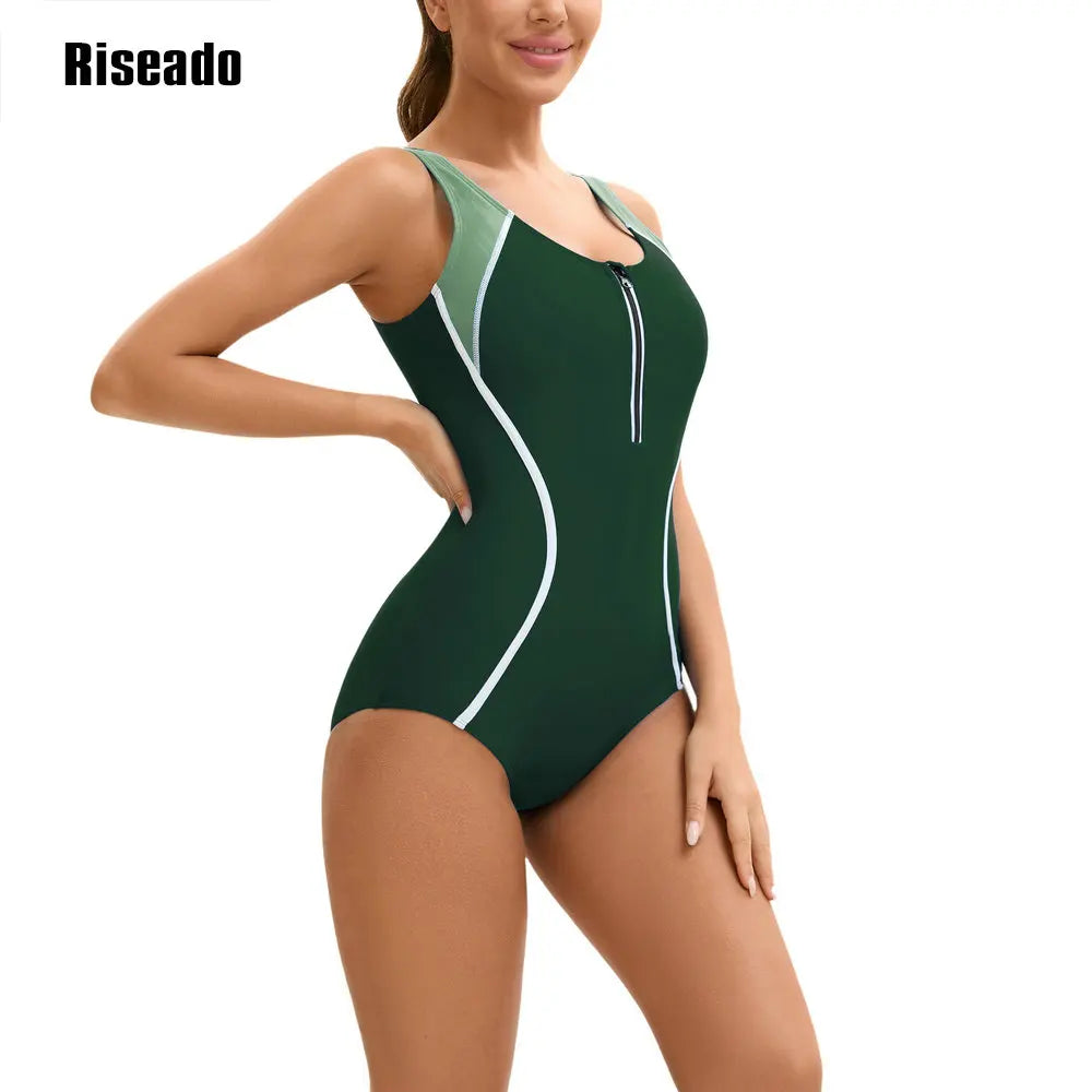 Women's One Piece Korean Swimsuit Sleeveless Conservative Bathing Suit Color Block Monokini for Girls