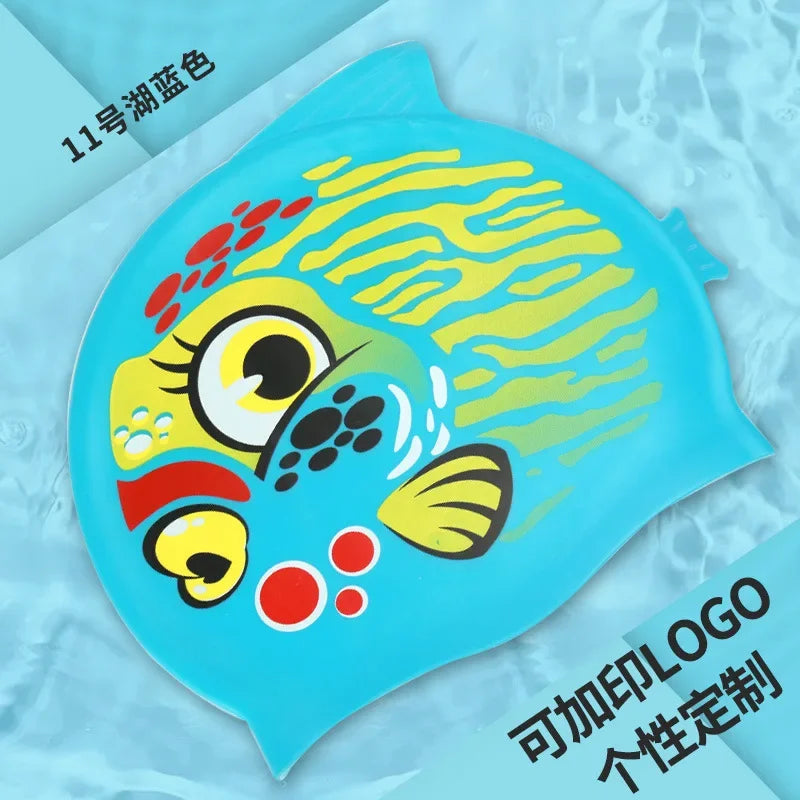 Children's Swimming Caps Waterproof Cartoon Swimming Cap for Boys and Girls Universal Cartoon Fish Shaped Soft Silicone Swim Cap