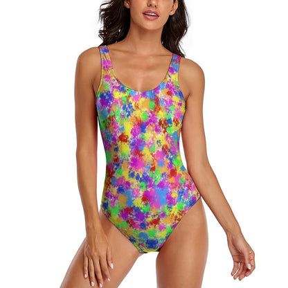 Neon Paint Swimsuit Graffiti Splatter Print One-Piece Swimwear Push Up Bodysuit Elegant Holiday Rave Beach Wear