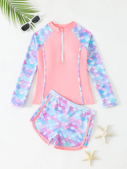 Girls Swimsuit Pink Long Sleeve Rash Guard Shirts Children Swimwear Summer Kids Beach Wear Shorts Quick-Dry Bathing Suit