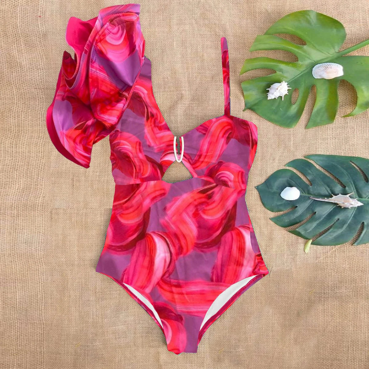 Ruffle Print Floral One Piece Strappy One shoulder Swimwear Women Swimsuit Bathing Suit Backless Beachwear Monkini