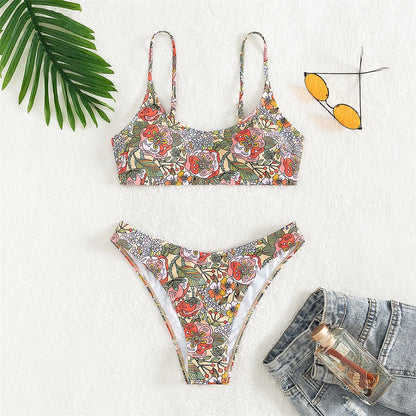 Floral Printed Brazilian Mid Waist Bikini Women Swimwear Female Swimsuit Two-pieces Bikini set Bather Bathing Suit Swim