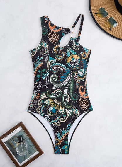 Printed Swimsuit One Piece Hollow Swimwear Women Ring Linked Bathers Bathing Swimming Swim Suit Female Beachwear