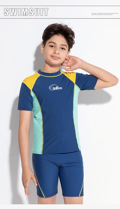 Boy Swimwear Short Shirt Two Piece Short Sleeve Solid Patchwork Teenager Children Kids Swimming Beach Wear 2024 9-16 years