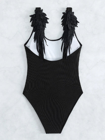 Solid Strapped Swimwear Women 3D Embroidered Wings One Piece Swimsuit Monokini Push UP Summer Bathing Suit