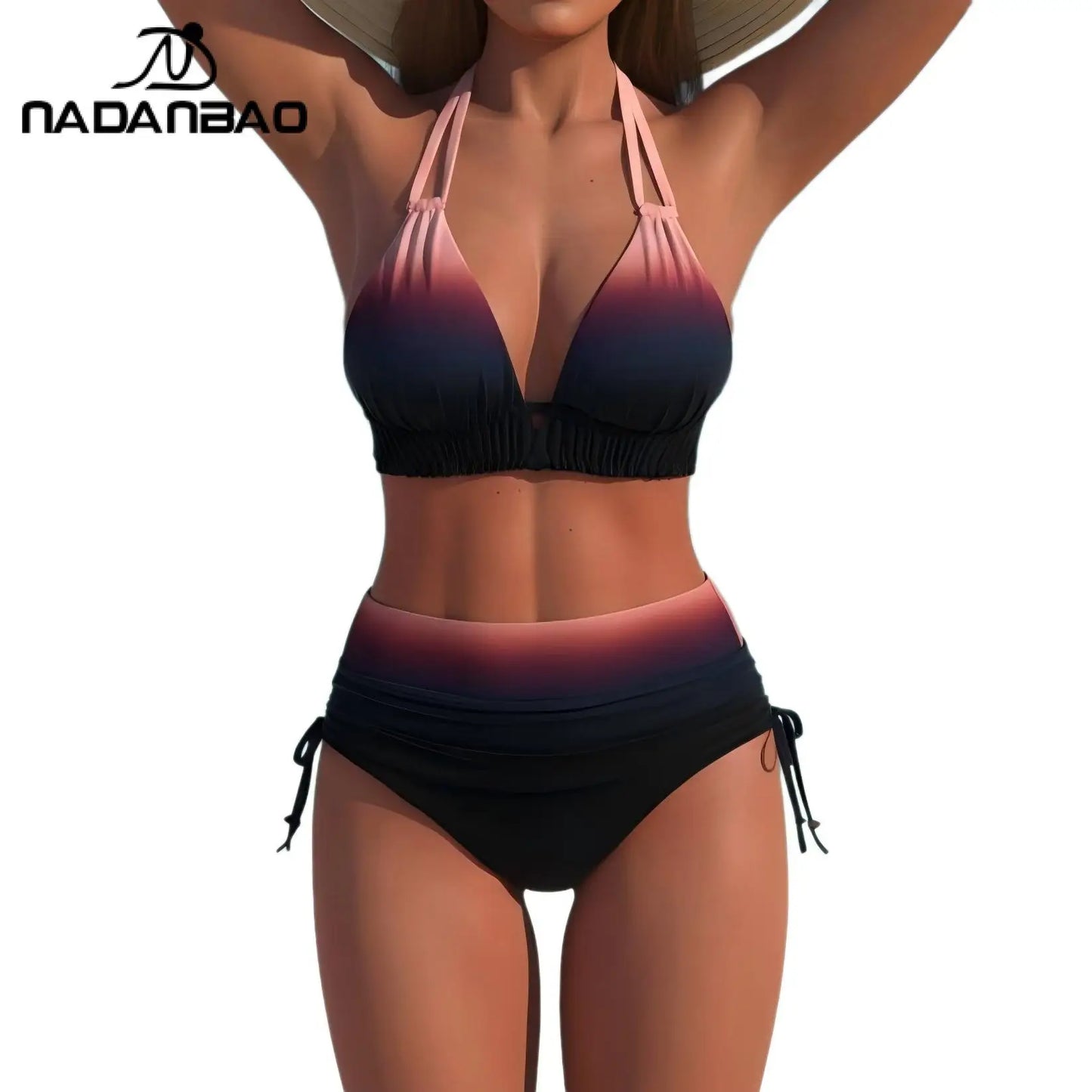 Gradient Black Ladies Bikini Fashion Lace Up Swimwear Women Hater Neck Swimsuit Summer Seaside Casual Beach Wear