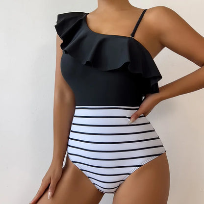 Women's One Piece Swimsuit One Shoulder Black and White Patters  Print Swimwear Fashion Beach Holiday