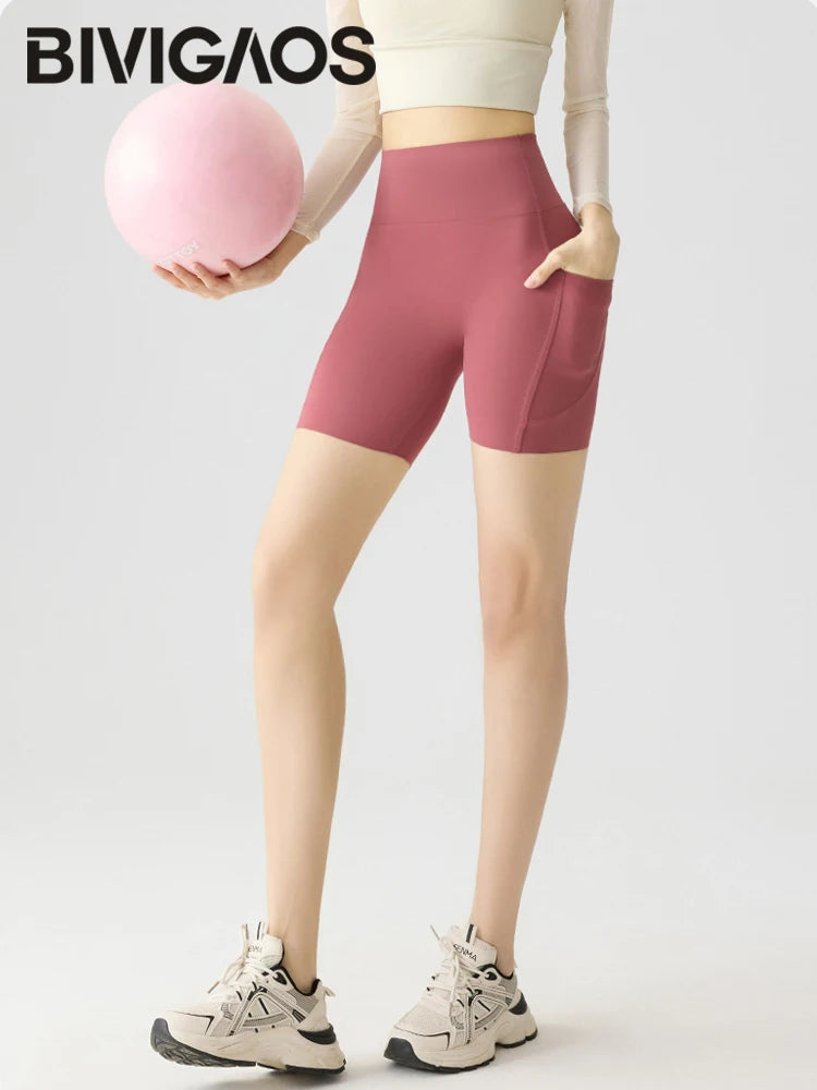 Summer Pocket High Waist Sharkskin Shorts Women Tight Butt Lifter Light Feeling Sport Fitness Yoga Bicycle Shorts