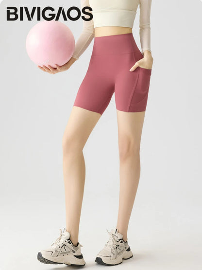 Summer Pocket High Waist Sharkskin Shorts Women Tight Butt Lifter Light Feeling Sport Fitness Yoga Bicycle Shorts