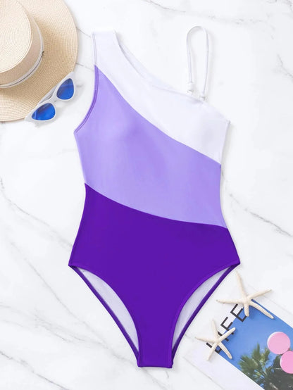 Colorblock Cut Out One Shoulder Swimsuit One Piece Swimwear Women Bather Bathing Swimming Swim Suit Female Beachwear