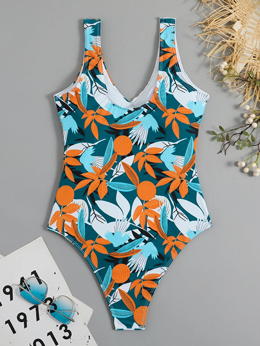 Tropical Print Swimsuit One Piece Knot Side Belted Swimwear Women Padded Bathing Suit Female Swimming Summer Beachwear