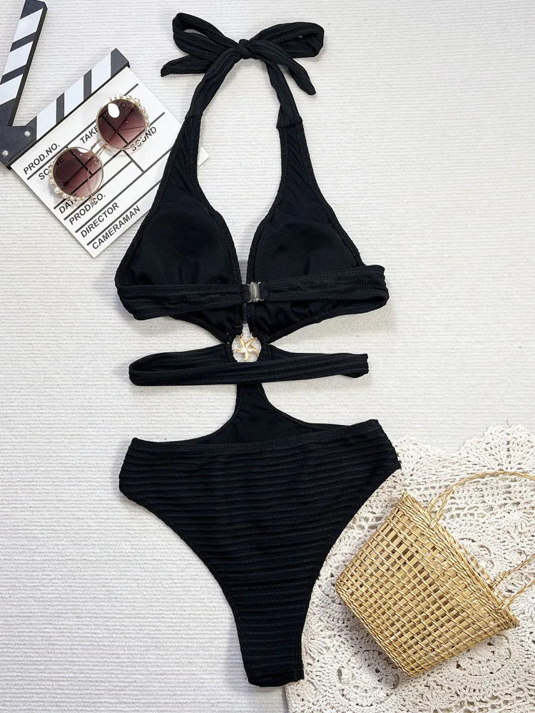 Lady Solid Hollow Swimwear Women Halter Push Up One Piece Swimsuit Monokini Brazilian Beach Bathing Suit