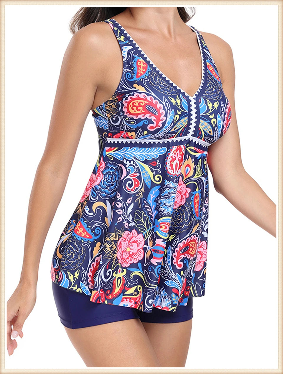 Two Piece Swimsuit Women V-Neck Print Tankini Set Female High Waist Swimwear Beachwear Bathers Bathing Swimming Suit Summer