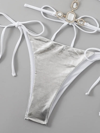 Halter Rhinestone Diamond Bikini Women Micro Thong Swimwear Female Swimsuit Two Pieces Bikini Set Satin Bathing Suit Swim Lady