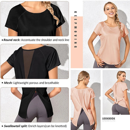 Mesh Back Dovetail Split Beauty Back Yoga Top Round Neck Fast Drying Sports Wear Breathable Gym Workout Pilates Shirts