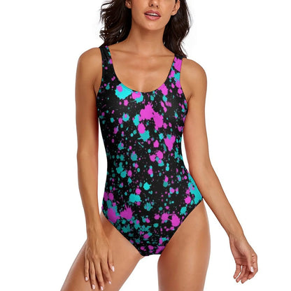 Neon Paint Swimsuit Graffiti Splatter Print One-Piece Swimwear Push Up Bodysuit Elegant Holiday Rave Beach Wear