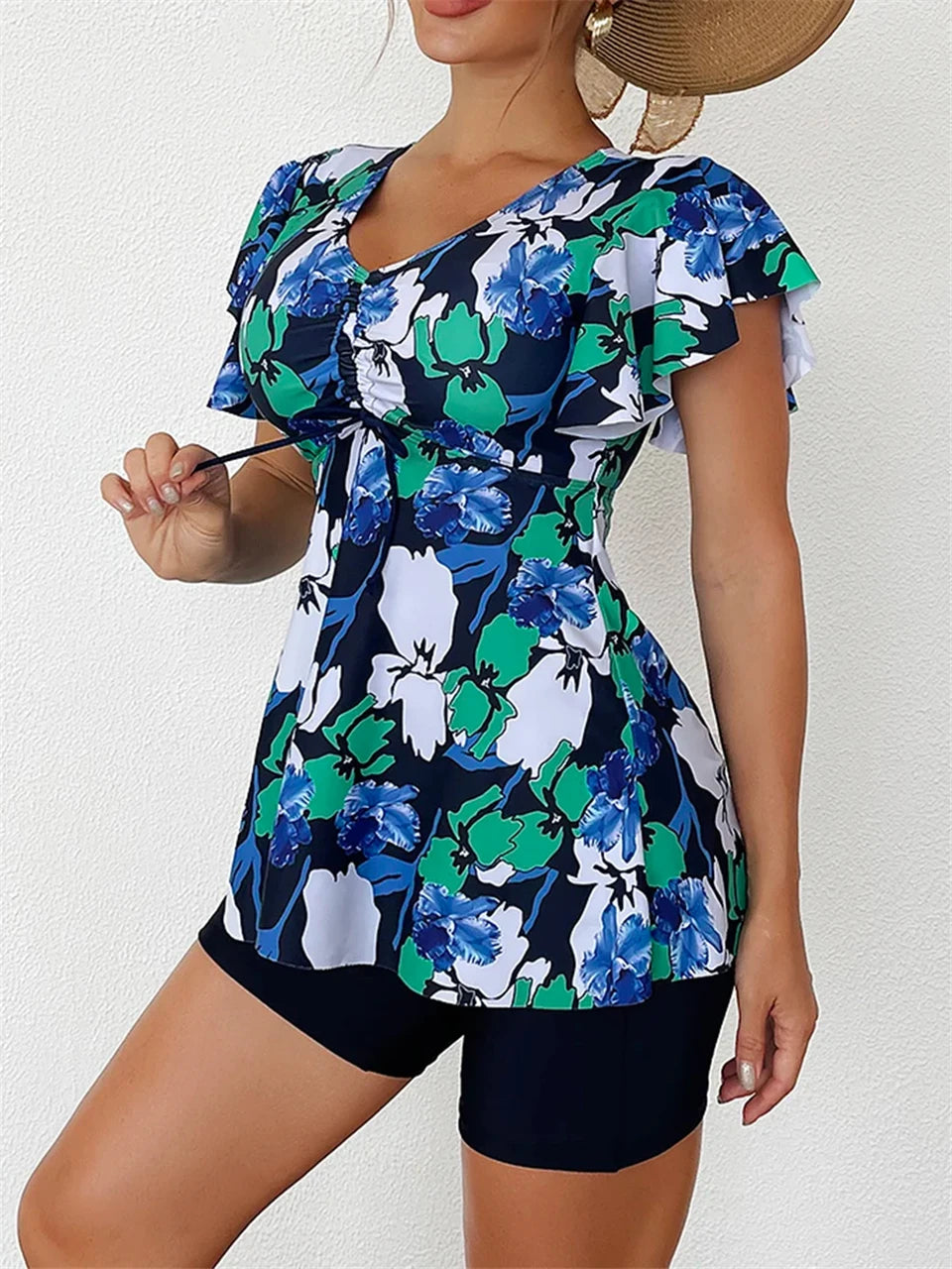 Drawstring Front Tankini Set Skirt Women High Waist Swimsuit Summer Beachwear Female Bathers Bathing Swimming Swim Suit