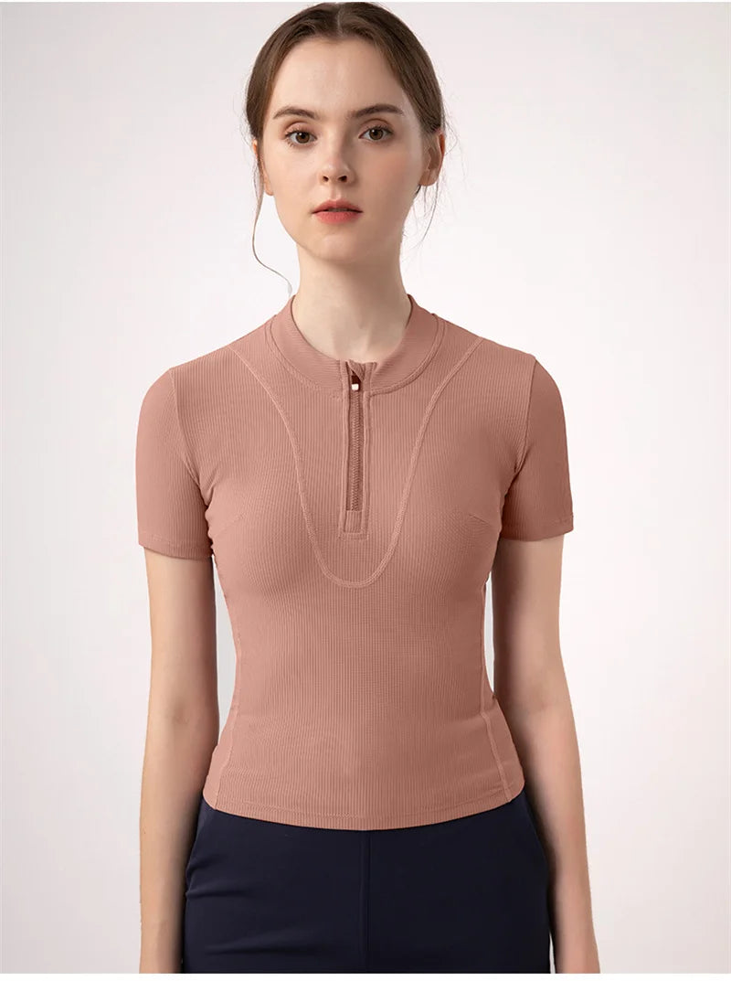 Aiithuug Women Slim Fit Gym Shirts Half Zip Workout Tops Quarter Zip Fitness Shirt Running Quicky Dry Short Sleeve Yoga Tops