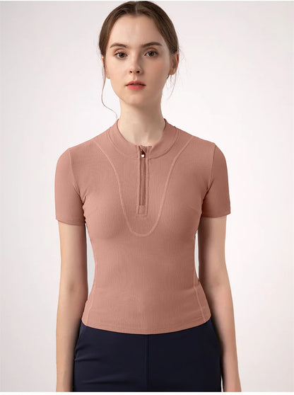 Aiithuug Women Slim Fit Gym Shirts Half Zip Workout Tops Quarter Zip Fitness Shirt Running Quicky Dry Short Sleeve Yoga Tops