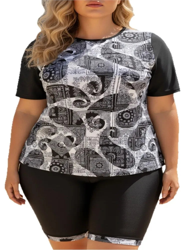 XL-5XL Plus Size Tankini Rash Guard Short Sleeve Women's Push Up Large Size 5XL Swimsuit Summer Tummy Control Swimwear Bikini Sets