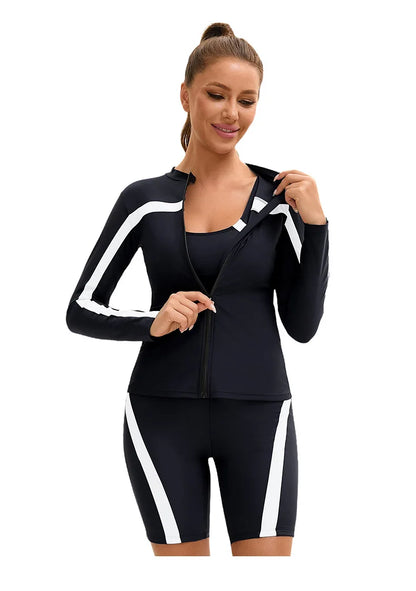 Women's Long Sleeve 3-Piece Swim Set UPF 50+ Rashguard Top High Waist Swim Shorts Full Coverage Modest Swimwear for Diving