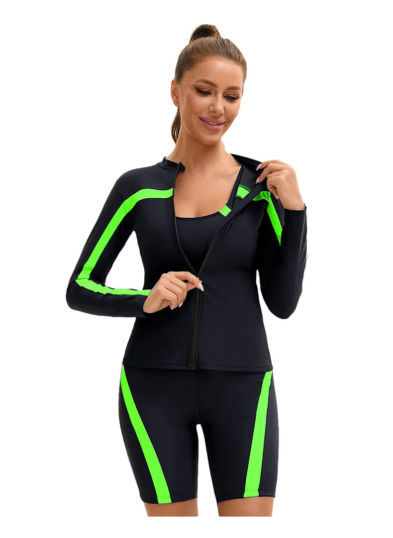 Women's Long Sleeve 3-Piece Swim Set UPF 50+ Rashguard Top High Waist Swim Shorts Full Coverage Modest Swimwear for Diving