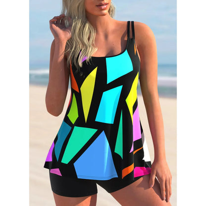 Women's Swimsuit Bikini Tank Top Two-piece Set of Colorful Curve Printed Holiday Beach Wear S-6XL