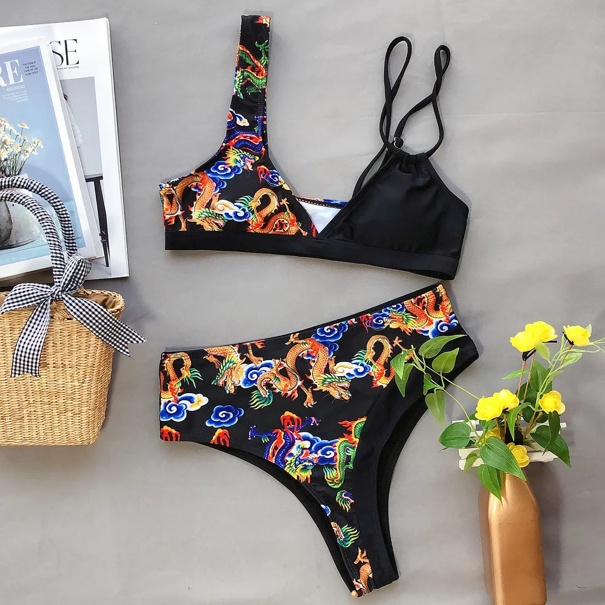 Bikini Push Up Dragon Print Patchwork High Waist Vintage Swimwear Swimsuit Women Bikinis Set Bathing Suit Beach Bikini