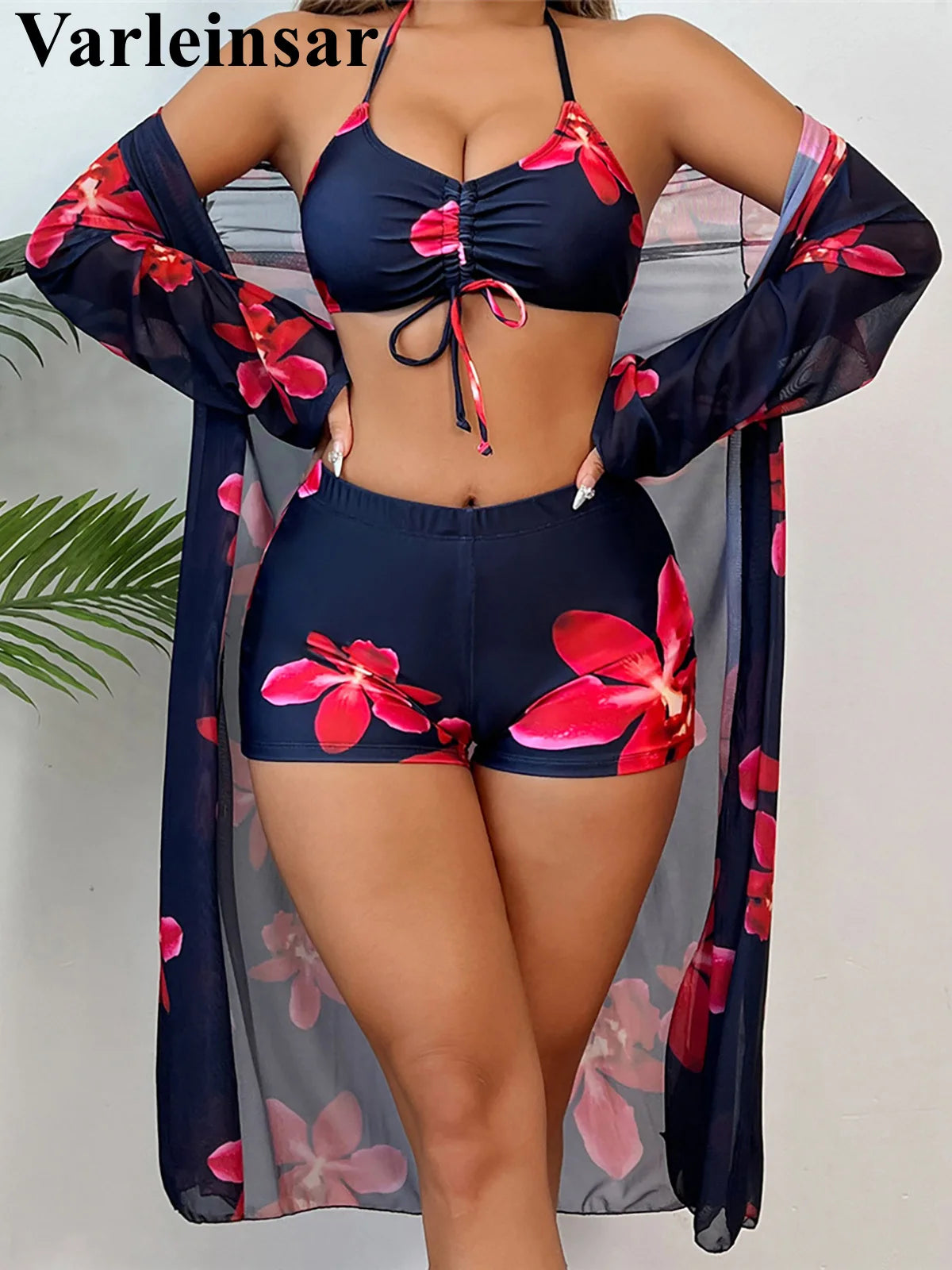 S - XL Long Sleeve Cover Up Flowers Bikini Female Swimsuit Three-pieces Bikini set Women Swimwear Bather Bathing Suit Swim