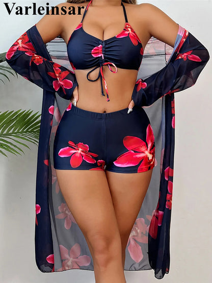 S - XL Long Sleeve Cover Up Flowers Bikini Female Swimsuit Three-pieces Bikini set Women Swimwear Bather Bathing Suit Swim