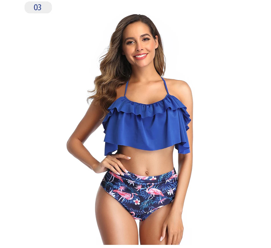 Swimwear Women Halter Ruffle Bikinis High-Waist Split Two-Piece Off Shoulder Swimsuit Pool Beachwear Bathing Suit Plus Size XXL