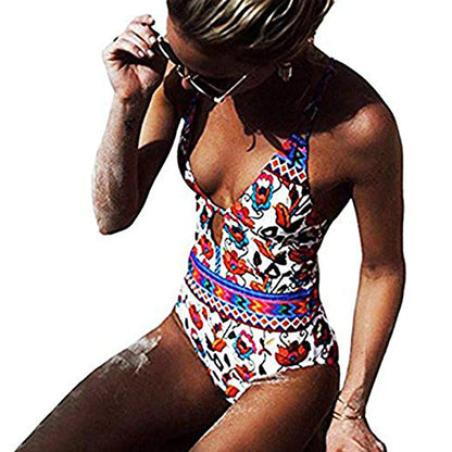 Women Vintage Backless One Piece Swimwear Woman Swimsuit Deep V Summer Beachwear Print Slimming Bathing Suit Femme