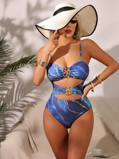 Print Blue Swimsuit One Piece Swimwear Women Bathers Cut Out Bathing Swimming Swim Suit Female Bandeau Beach Wear