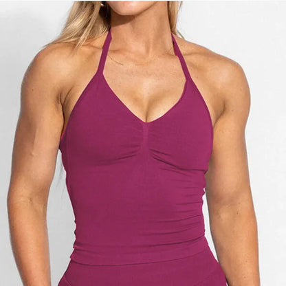 D-impact V Neck Gym Top Yoga Bra Longline Halter Women Seamless Sports Running Tank Fitness Workout Active Wear