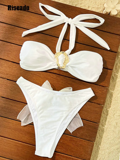 Women's Bandeau Bikinis Solid Cut-Out High Neck Halter Bikini Set Swimwear With bow Design on bottom