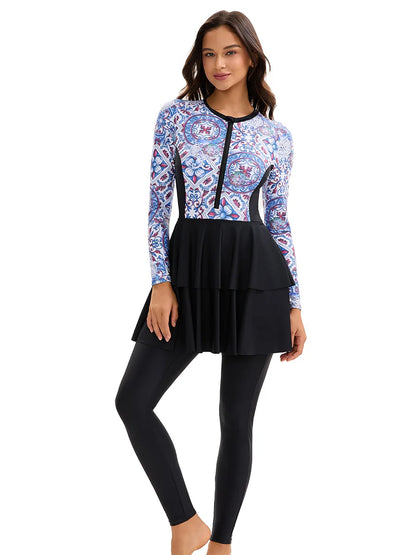 Women's  Rash Guard One-Piece Full Coverage Swimwear - Integrated Long-Sleeve Vintage Pattern + Double Ruffled Skirt Style, Full Coverage