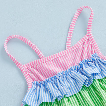 Toddler Little Girls Summer Cami Romper Swimsuit Sleeveless Tiered Colorful Striped/Plaid Swimwear