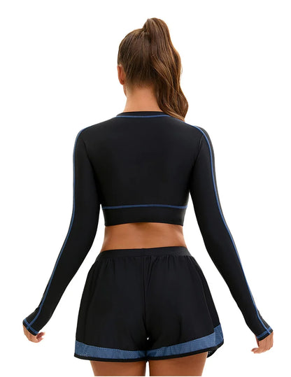 Women's Long Sleeve High Waist Two-Piece Swimsuit Sporty Color Block Surfing Rash Guard with Boyshort Bottoms