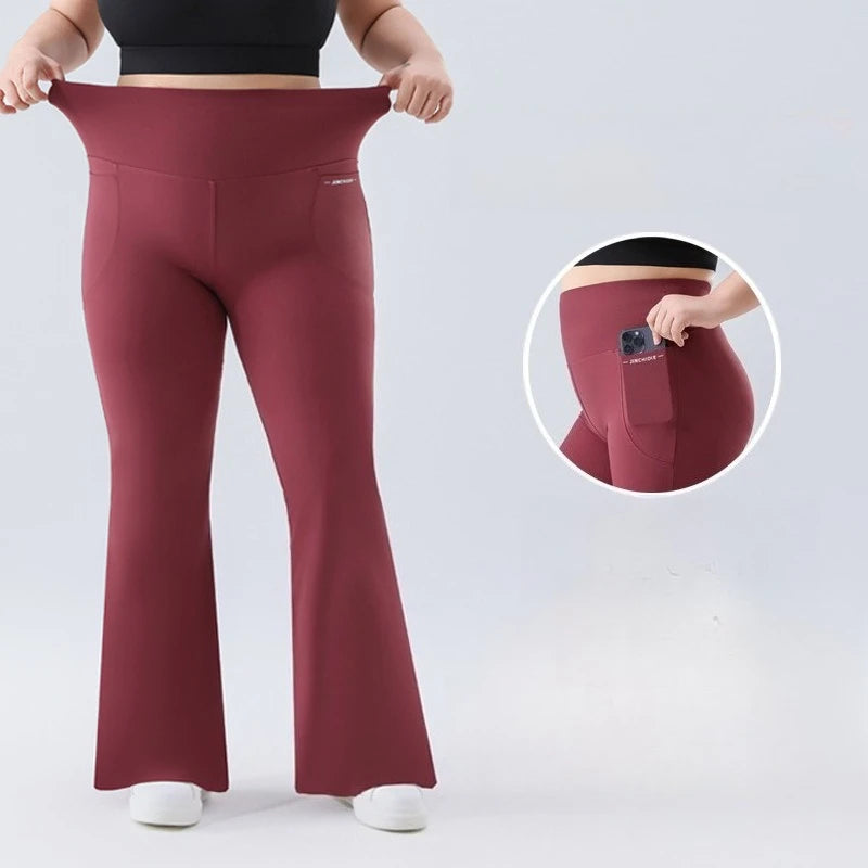 Plus Size Fit Yoga Flared Trousers for Women Seamless Two Sides Pocket Leggings High Waist Push Up Butt Gym Training Leggings