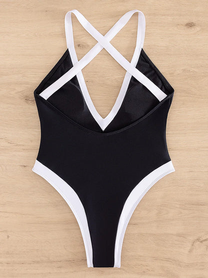 Splicing Criss Cross Backless High Leg Cut Women Swimwear One Piece Swimsuit Female Monokini Bather Bathing Suit Swim Beachwear
