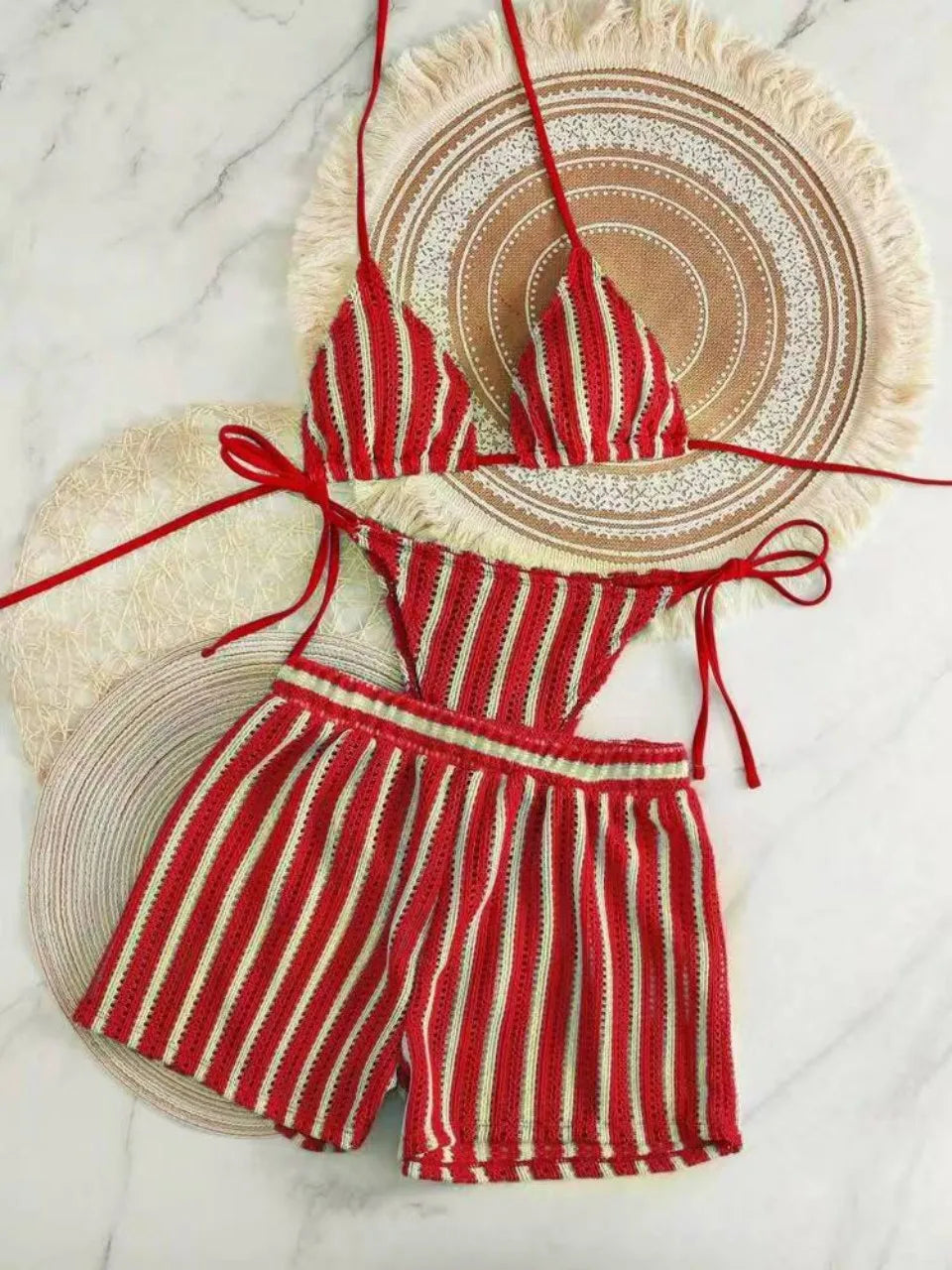 3 Pieces Halter Bikini Striped Print Swimsuit With Mesh Shorts Swimwear Female Bathers Bathing Swimming Suit Beachwear