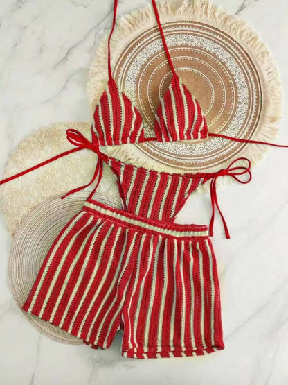 3 Pieces Halter Bikini Striped Print Swimsuit With Mesh Shorts Swimwear Female Bathers Bathing Swimming Suit Beachwear