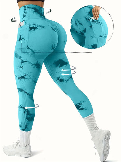 Women's High Waist Yoga Leggings with Pockets Tie-Dye Print Stretchy Workout Pants Butt Lifting Quick-Dry for Gym, Pilates, HIIT
