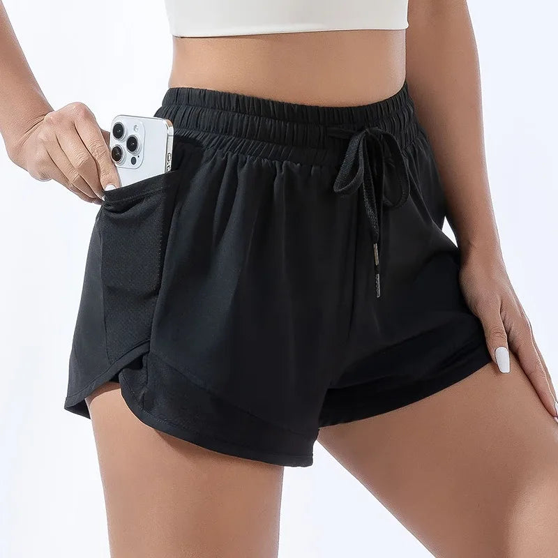 Pockets Yoga Short Jogging Women's Wide Waistband Drawstring Breathable Running Shorts Workout Quick Dry Shorts
