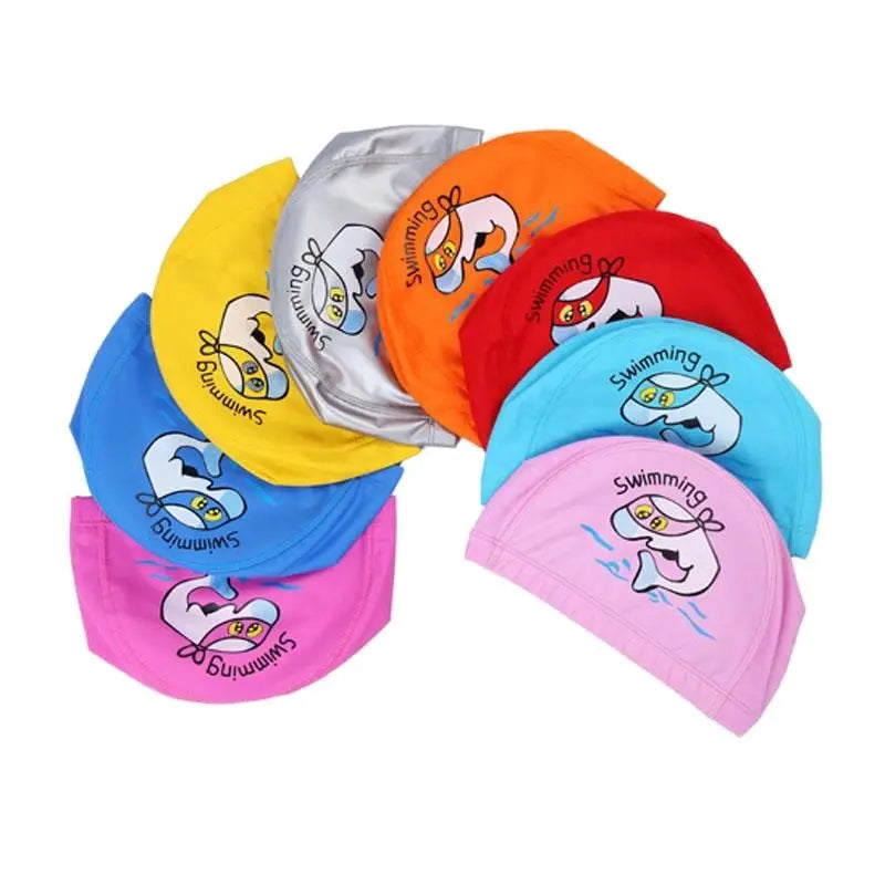 Kids Children Swimming Cap Waterproof PU Fabric Cute Cartoon Animal Dolphin Protect Ears Long Hair Boys Girls Swim Pool Caps Hat