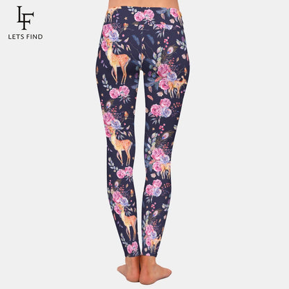 Cute Deer and Flowers Pattern 220gsm Double Side Brushed Milk Silk Print Women Leggings High Waist Leggings