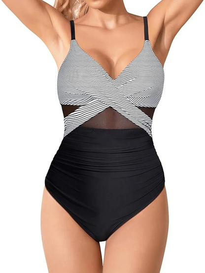 Vintage Strappy Swimsuit Women One Piece Solid Mesh Swimwear Female Bathers Bathing Swimming Swim Suit Beachwear XXL